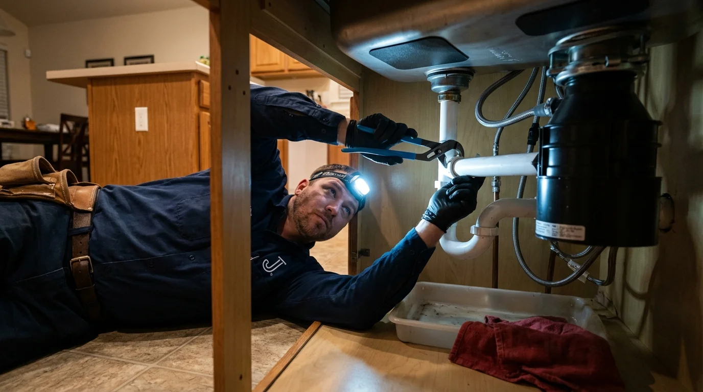 P-trap and supply line connections under a kitchen sink showing a common leak point in Deming, NM